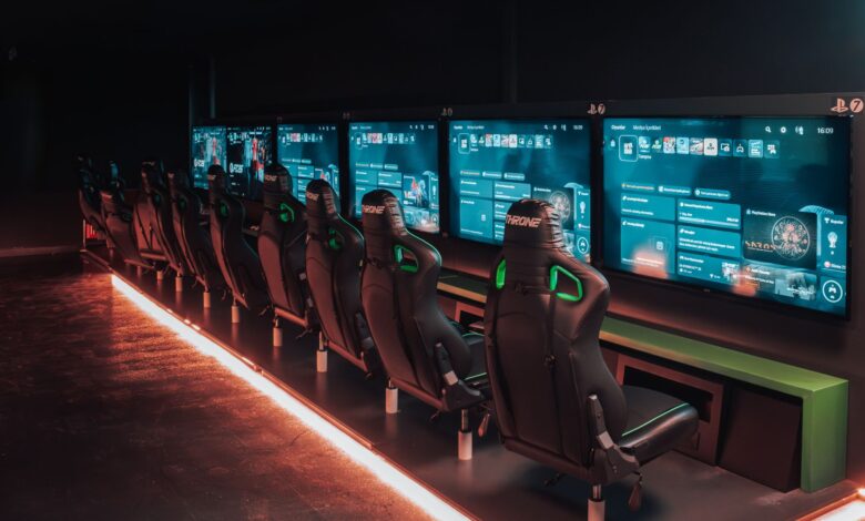 A sleek, modern gaming arena in Tekirdağ, Türkiye with multiple gaming consoles.