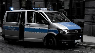 A police van parked on a cobblestone street in an urban setting.