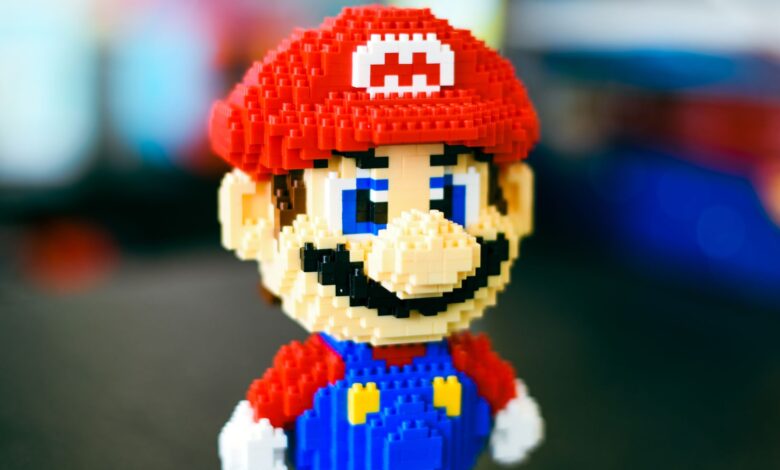 A vibrant block construction toy figure resembling a famous video game character in a playful pose.