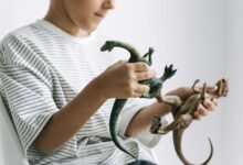A child in a striped shirt engaging with toy dinosaurs in a playful setting.