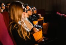 Group of people wearing 3D glasses watching a movie in a cinema, captivated by the film.