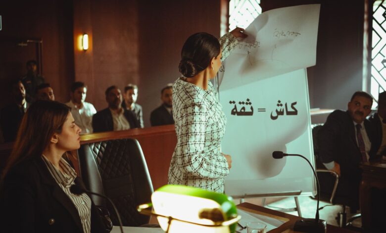 A professional woman presents to a courtroom in Baghdad, Iraq, emphasizing strategy.