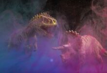 Artistic depiction of dinosaur toys in vibrant smoke, featuring a T-Rex and Triceratops in a studio setting.