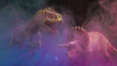 Artistic depiction of dinosaur toys in vibrant smoke, featuring a T-Rex and Triceratops in a studio setting.