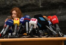 Various microphones setup at a press conference in Kyiv, Ukraine.