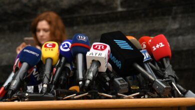 Various microphones setup at a press conference in Kyiv, Ukraine.