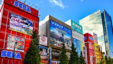 Colorful display of buildings and signs in Akihabara, Tokyo, showcasing city life and vibrant urban culture.