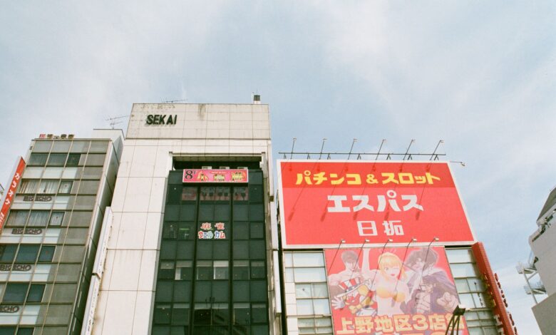 Vibrant billboards showcasing anime and advertisements on skyscrapers in Taito City, Tokyo.