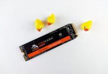 Close-up of a Seagate FireCuda SSD on a white background with three yellow rubber ducks.