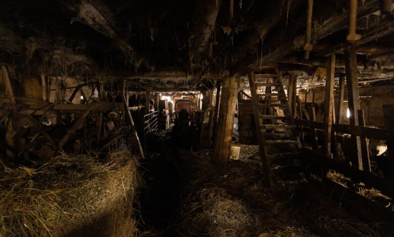 Dimly lit rustic barn interior filled with hay and wooden structures. Captures vintage agricultural ambiance.