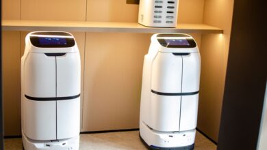 Two white robotic delivery systems located in a modern indoor room with soft lighting.