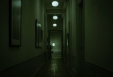Explore the moody atmosphere of a narrow corridor with green lighting and hanging lamps.