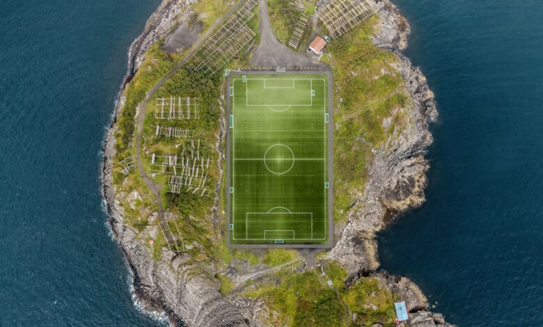 Stunning aerial view of the Henningsvær soccer field surrounded by the sea in Norway.