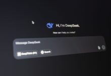 A detailed view of the DeepSeek AI interface, displaying a welcoming message on a dark background.