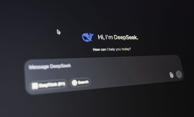A detailed view of the DeepSeek AI interface, displaying a welcoming message on a dark background.