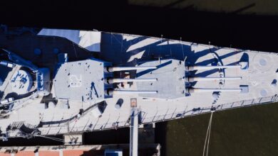 Stunning aerial view of a battleship docked in Philadelphia, showcasing naval architecture.