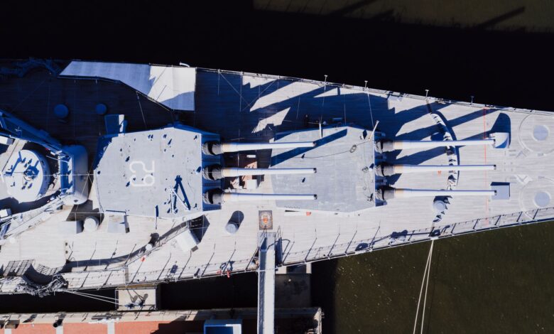 Stunning aerial view of a battleship docked in Philadelphia, showcasing naval architecture.
