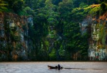 Ancient sculptures carved into a cliffside, reflected in the serene river below.