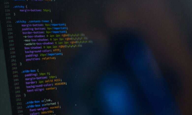 Close-up of CSS code displayed on a computer monitor, showcasing web development.