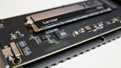 Detailed view of a Lexar NVMe SSD mounted on a circuit board, highlighting electronic components.