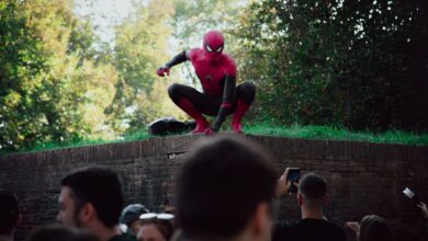 Spider-Man cosplayer posing for photos at an outdoor event, attracting a lively crowd.