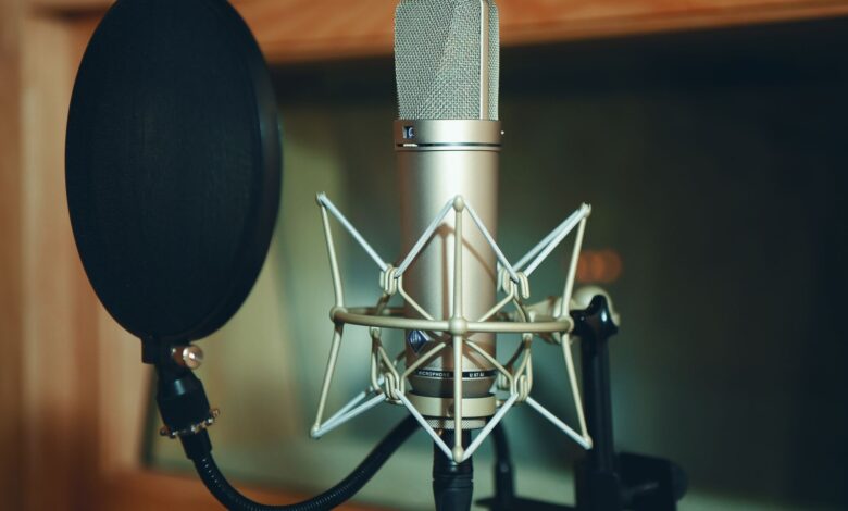 Close-up of a studio microphone with pop filter, perfect for recording.