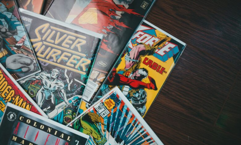 From above of huge collection of various retro comic books with colorful covers placed on floor