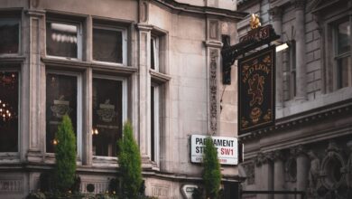 A traditional pub facade in London showcases classic architecture with detailed signage.