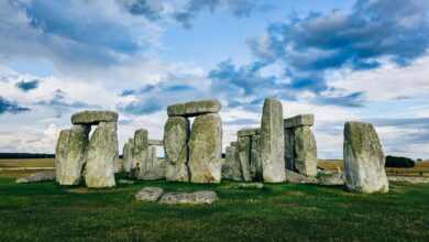 Scenic view of Stonehenge with a dramatic sky in England, showcasing ancient megalithic stones.