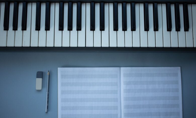 Flat lay of piano keys, sheet music, pencil, and eraser for music composition.