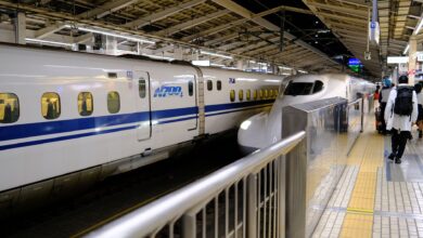 Shinkansen bullet train at a busy Tokyo station platform with passengers boarding.