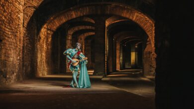 A costumed bard playing a lute in a mystical medieval hallway, evoking fantasy themes.