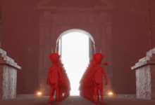 A surreal digital scene depicting a procession of demons at an ominous gate, with dark fantasy elements.