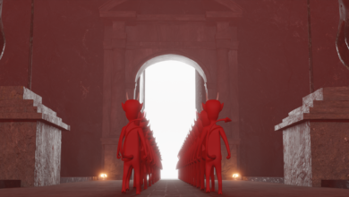 A surreal digital scene depicting a procession of demons at an ominous gate, with dark fantasy elements.