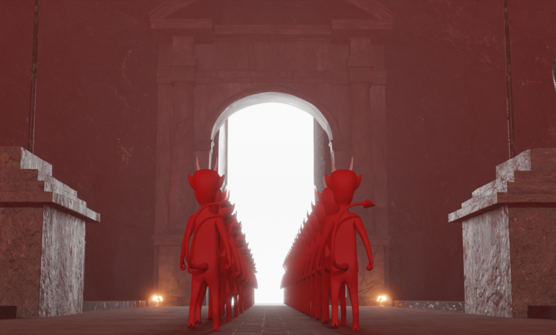 A surreal digital scene depicting a procession of demons at an ominous gate, with dark fantasy elements.