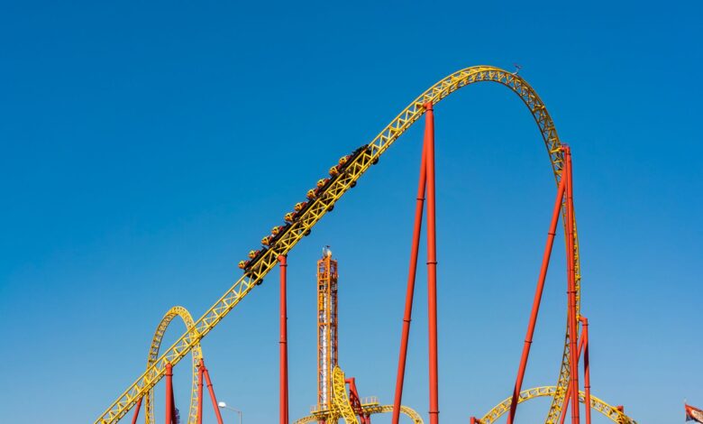 An exhilarating view of a roller coaster at an amusement park against a clear blue sky.