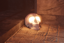 Creepy glowing skull in a dark fantasy setting, ideal for horror themes.