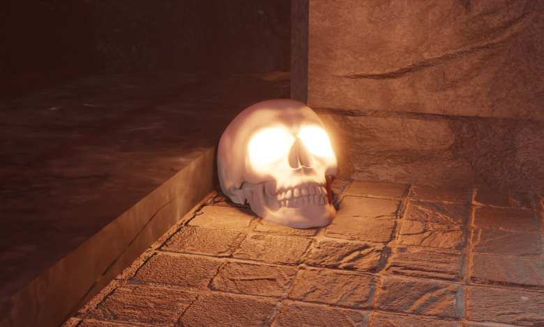Creepy glowing skull in a dark fantasy setting, ideal for horror themes.