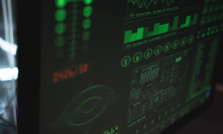 Close-up view of a computer displaying cybersecurity and data protection interfaces in green tones.
