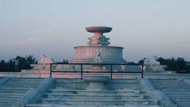 Stunning view of Scott Fountain captured at sunset on Belle Isle, Detroit.