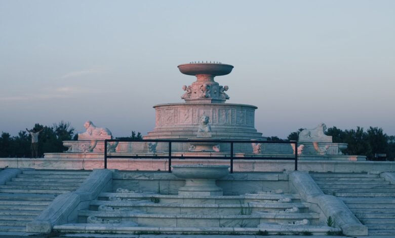 Stunning view of Scott Fountain captured at sunset on Belle Isle, Detroit.