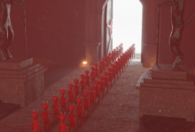 Dark fantasy scene showcasing red demonic figures entering through a mysterious gate.
