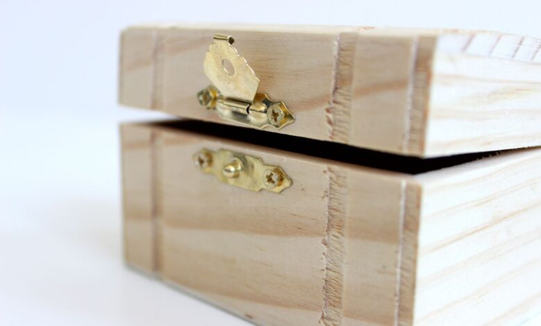 A close-up of an open wooden box with a brass latch, ideal for storage or decoration.