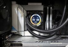 Close-up view of advanced PC hardware with visible GPU and cooling system in detail.
