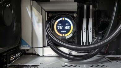Close-up view of advanced PC hardware with visible GPU and cooling system in detail.