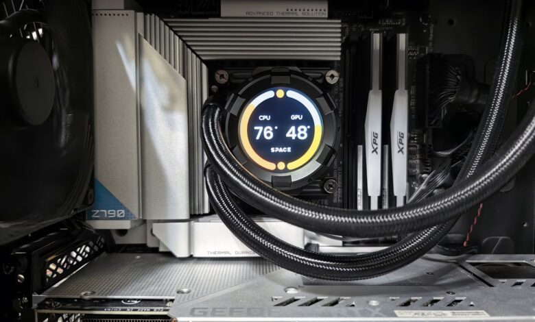 Close-up view of advanced PC hardware with visible GPU and cooling system in detail.