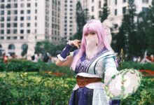 A captivating cosplay character posing in a vibrant urban garden setting in Vietnam.