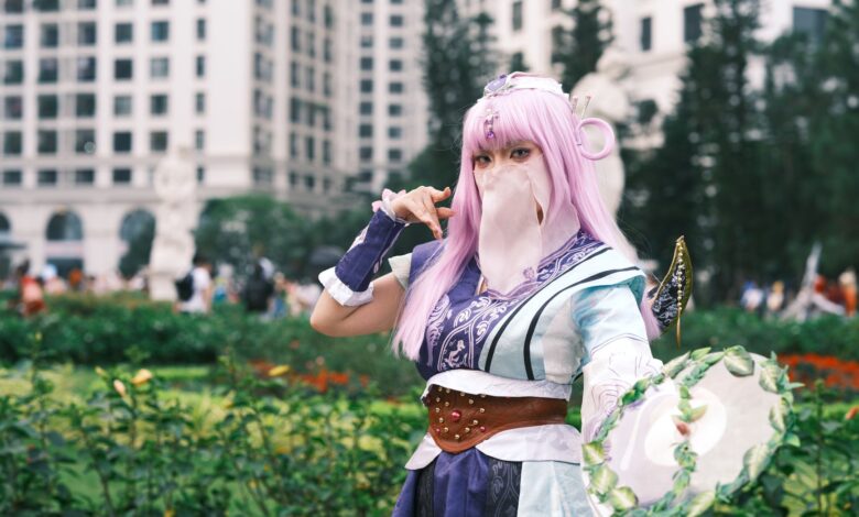 A captivating cosplay character posing in a vibrant urban garden setting in Vietnam.
