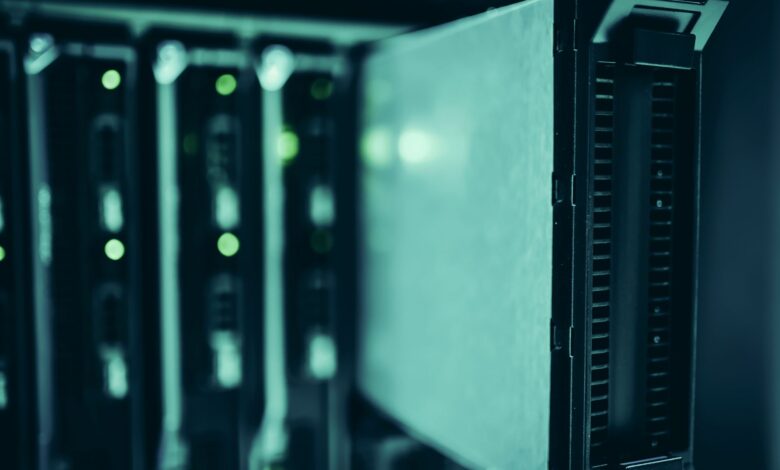 Close-up of server racks in a data center highlighting modern technology infrastructure.