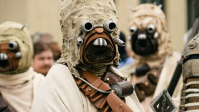A group of people in detailed Star Wars cosplay costumes attending an outdoor event.